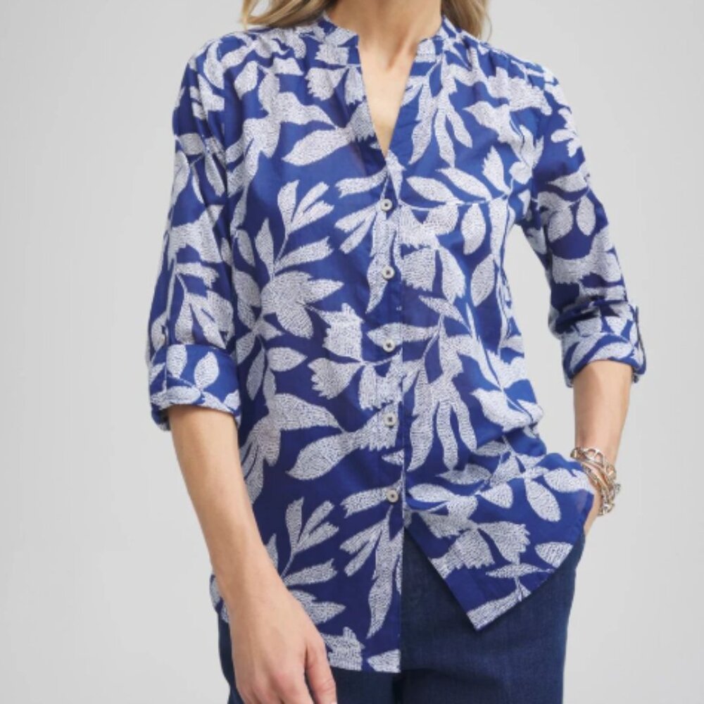 Chico's Cotton Leaf Print Shirt Button Down Blouse Blue White Size Large / 12